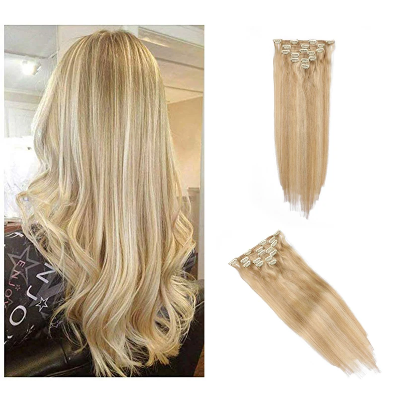 Ash Blonde Long Length Full Head Straight Clips in on Human Hair Extensions Hairpieces for Women 7pcs