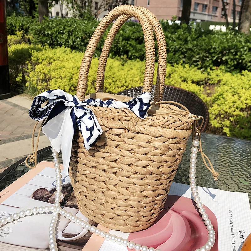 

Summer Bucket Straw Crossbody Bag 2021 Women's Trend Pearl Chain Weave Small Handbags Female Beach Straw Top-handle Shoulder Bag
