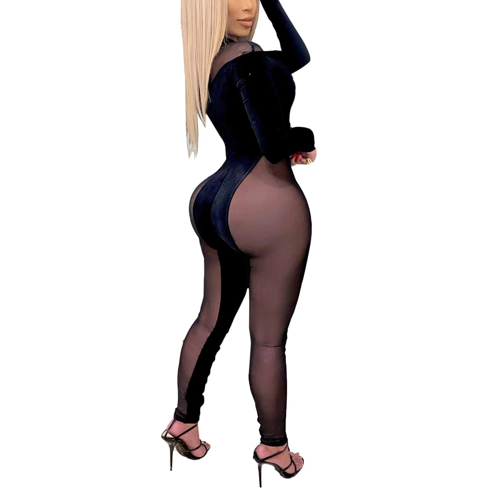 

Women's Sexy Mesh Perspective Splicing Jumpsuit Long Sleeve Turtleneck Elastic Slim One-piece Nightclub Party Rompers Clothes