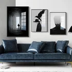 Современные черно-белые персонажи, Мужской силуэт, ручная кошачья тень, холст, картина, диван, Настенная картина, постер, украшение для гостиной