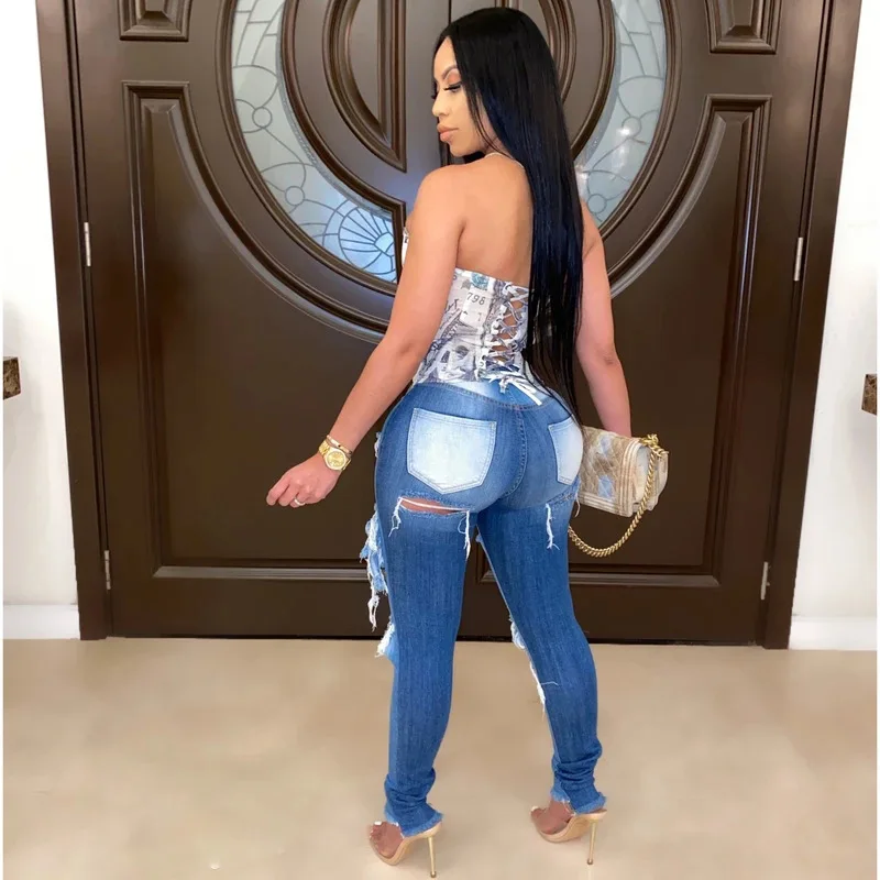 Denim Girl Trousers 2021 Hole High-Waist Slim-Fit Pants European And American Autumn And Winter New Personality  Korean Fashion