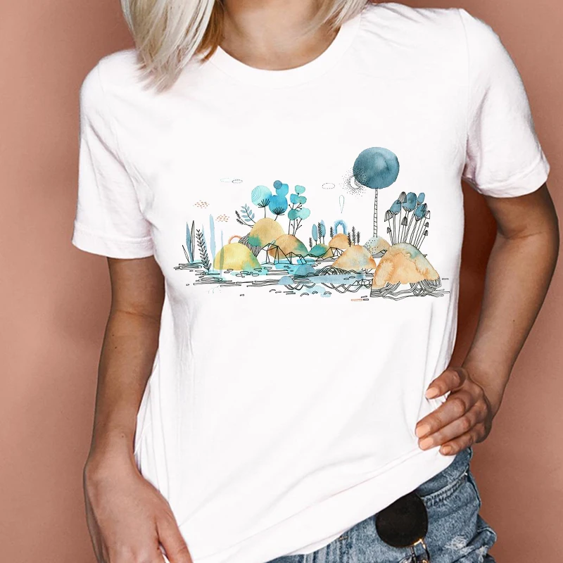 

Beautiful scenery aesthetic Feather Watercolor Style Short Sleeve Fashion 90s Cartoon Print Women Female Clothes Tops T-Shirt