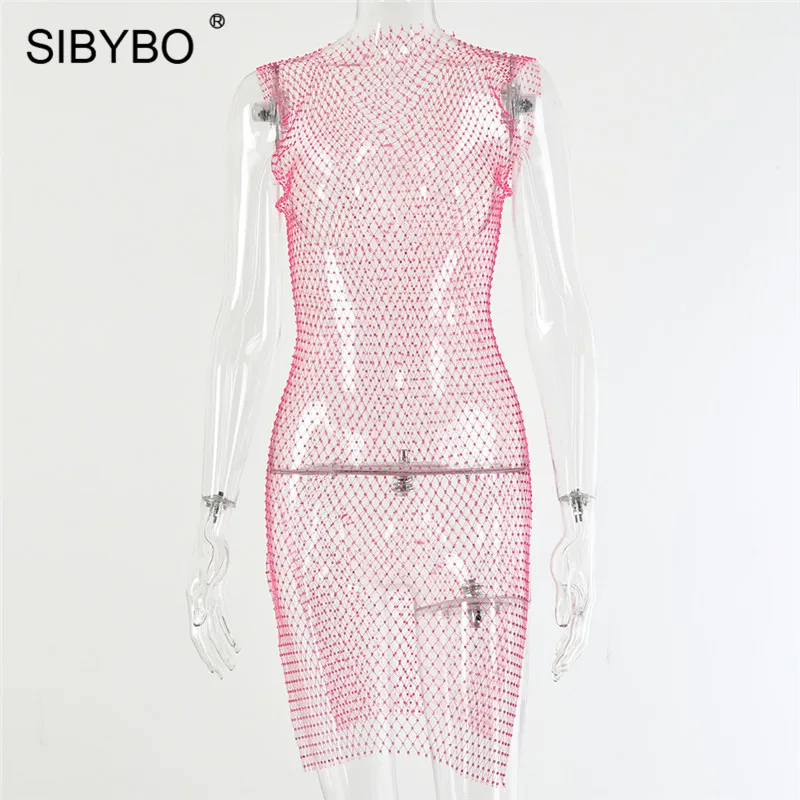 Rose Red SIBYBO/сексуальное летнее пляжное платье в сеточку, украшенное бриллиантами, женское облегающее платье без рукавов, вечерние женские платья для ночного клуба - Цвет: Rose Red