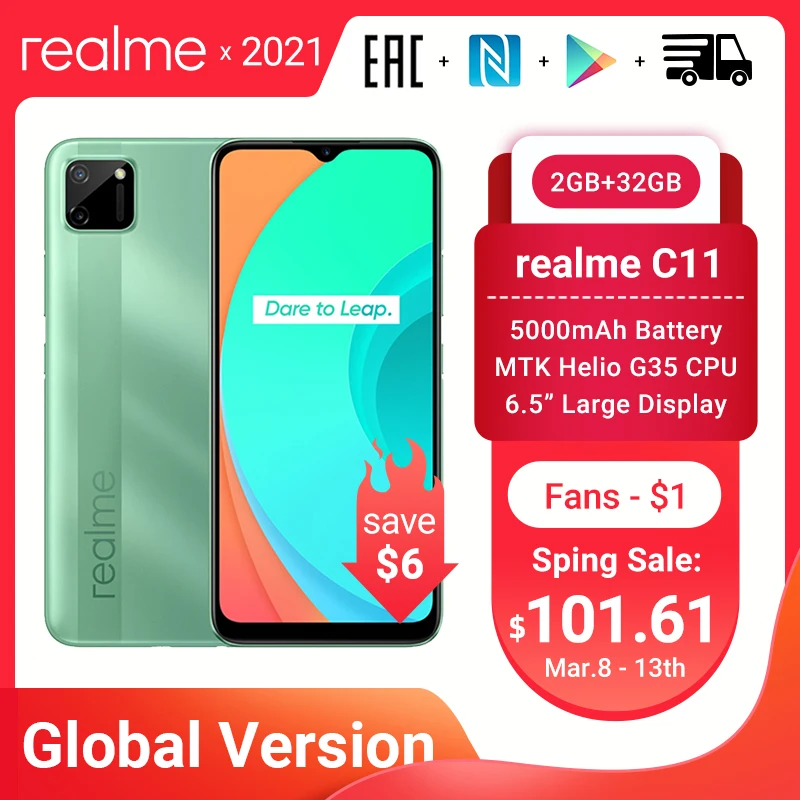 

realme C11 Global Version 4G Mobile Phone 2GB 32GB G35 5000mAh Battery 6.5inch Fullscreen Helio G35 13MP Dual Camera 3 Card Slot