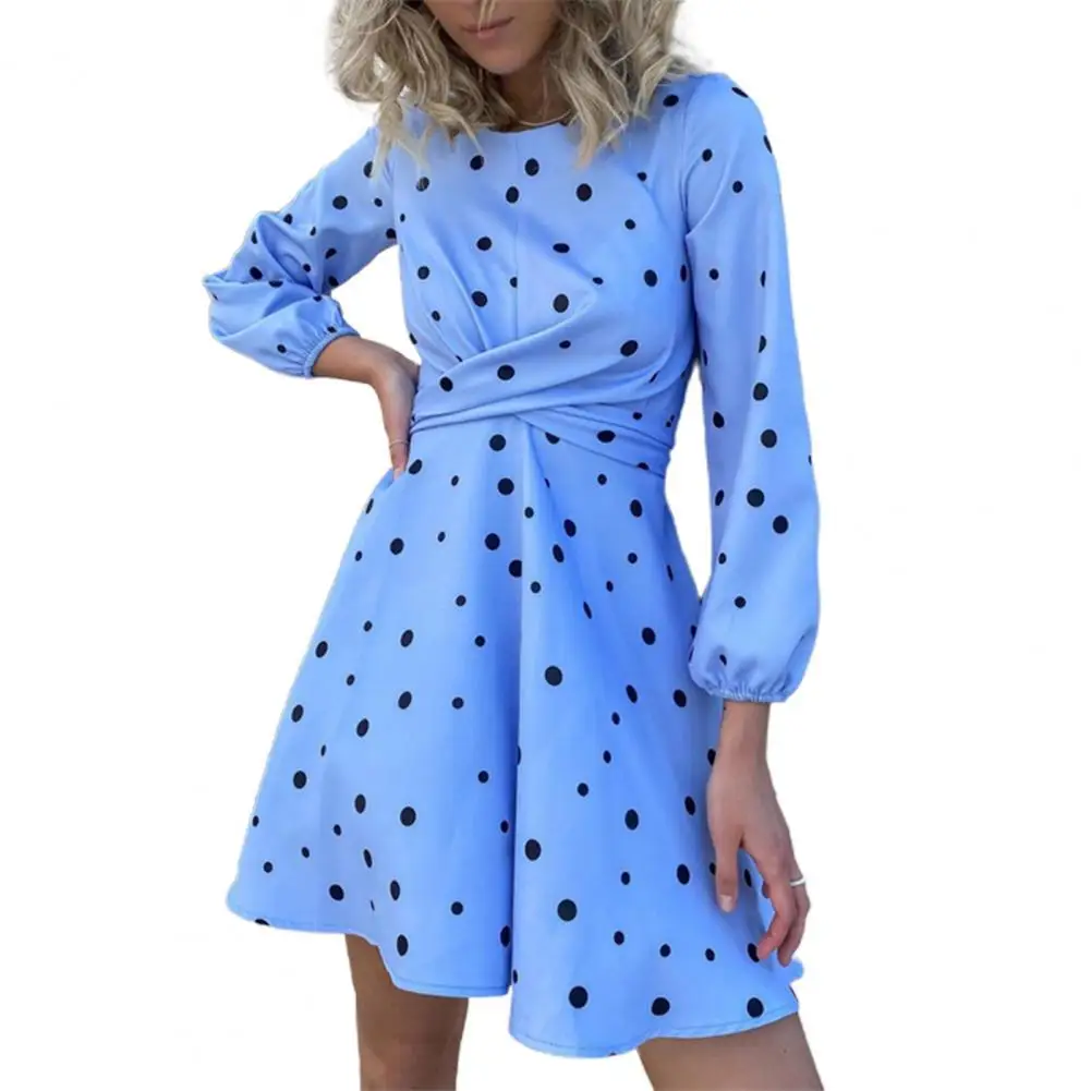 

Women Dress Polka Dot Waist Tied Autumn Round Neck Long Sleeve Slim Print Round Neck Long Sleeve Waist Dress Dress Streetwear