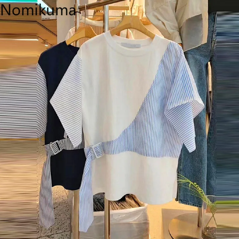 Женская футболка в полоску Nomikuma Корейская с коротким рукавом и поясом на
