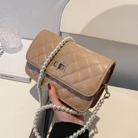 fashion handbag korean style new pu leather women small square bag solid rhomboid lattice pearl chain female cross shoulder bag