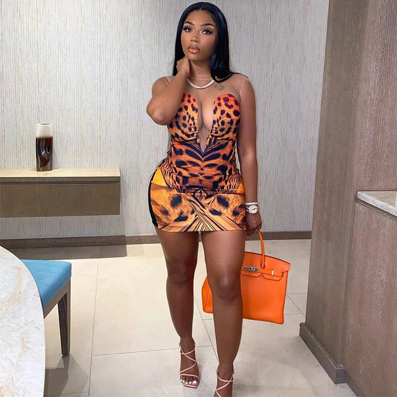 

CIBBAR Leopard Print Patchwork Sexy Bodycon Mini Dress Midnight Clubwear Sleeveless Hipster Deep V Neck Summer Short Dresses New