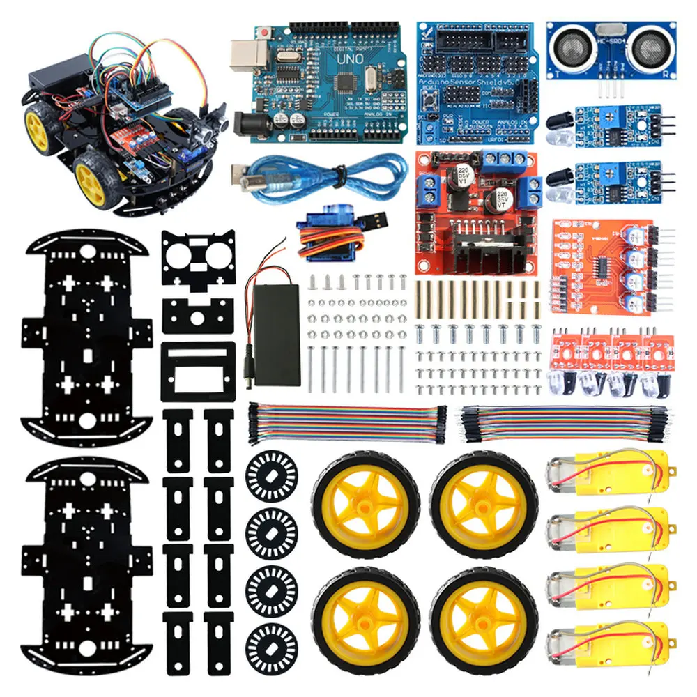 

V2.0 4 Way Tracing Obstacle Avoidance Smart Robot Car Toy Kit DIY Remote Control Robot Car For Arduino