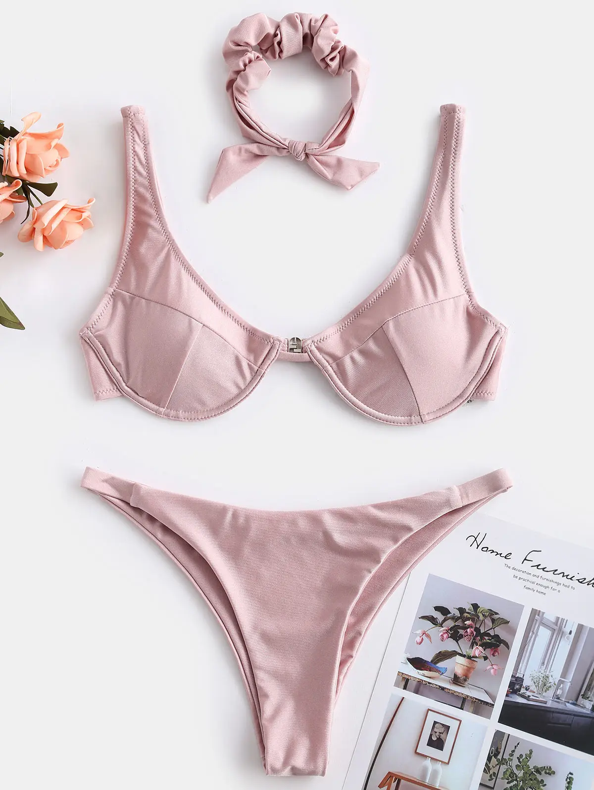 ZAFUL Shiny Underwire Bikini Set With Hair Band Padded Solid Women Bathing Suit Low Waisted Push Up Swimsuit Sexy Swimwear 2019 | Женская
