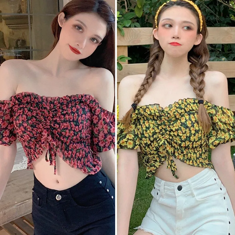 

Sexy Small Floral Print Shirt Women Pleated Short Chiffon Blouse Summer Sexy Slash Neck Tops 2020