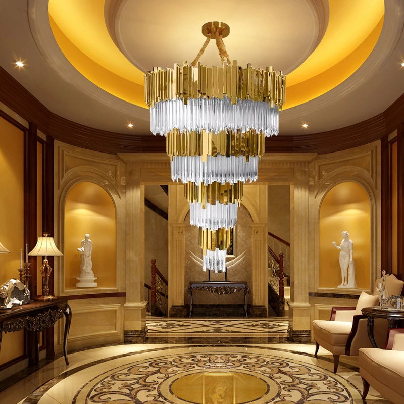 

Luxury Gold LED Chandelier in the Hall Living Room Large Top Long Crystal Hanging Lamps Staircase Lighting Polished Steel Light