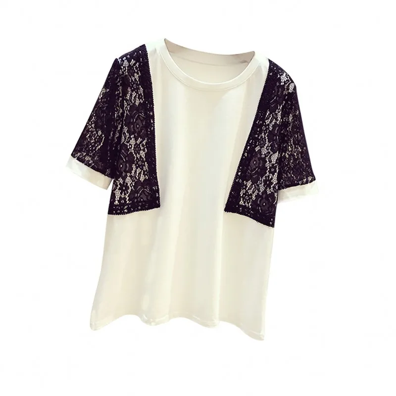 

Black Lace Stitching Short Sleeve T Shirt for Women 2020 Summer Female Top New Korean Elegant Ladies T-shirt Cotton Shirt Tops