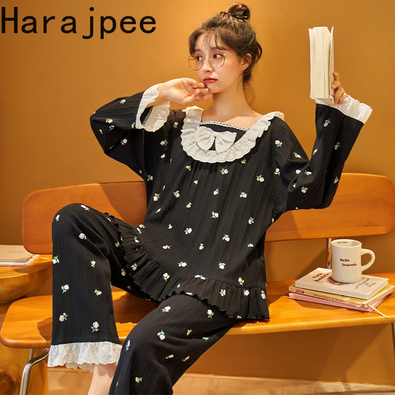 

Осенняя пижама в стиле харадзпи, Женская весенне-осенняя хлопковая одежда с длинным рукавом, новинка 2021, домашняя одежда в дворцовом стиле, ...