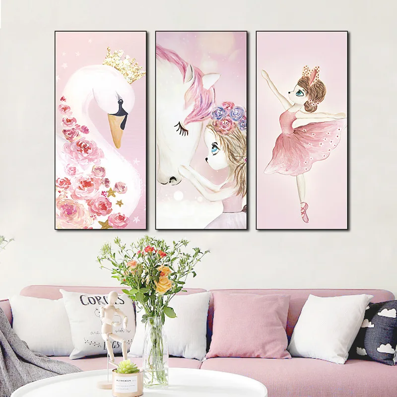 

Unicorn Dancing Girl Swan Wall Stickers Triptych Living Room Sofa Background Stickers Girls Room Decoration Wallpaper