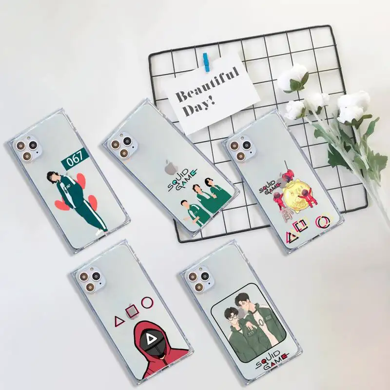 

Squid Game Cheng Qixun Phone Case For iPhone 7 8 11 12 X XS XR MINI Pro Max Plus Clear Square Transparent Pink Soldiers