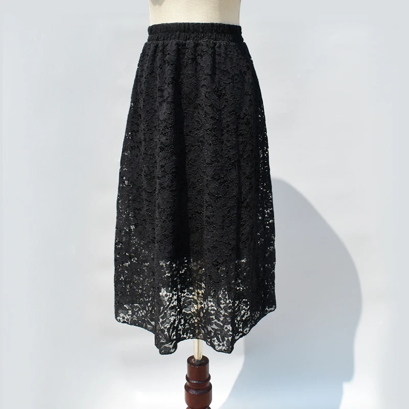 

2021 Spring Summer Black Sexy Lace Long Skirt Lace Women's Skirts New Elegant A-line Long Skirt Female Lace Flowers Midi Skirts