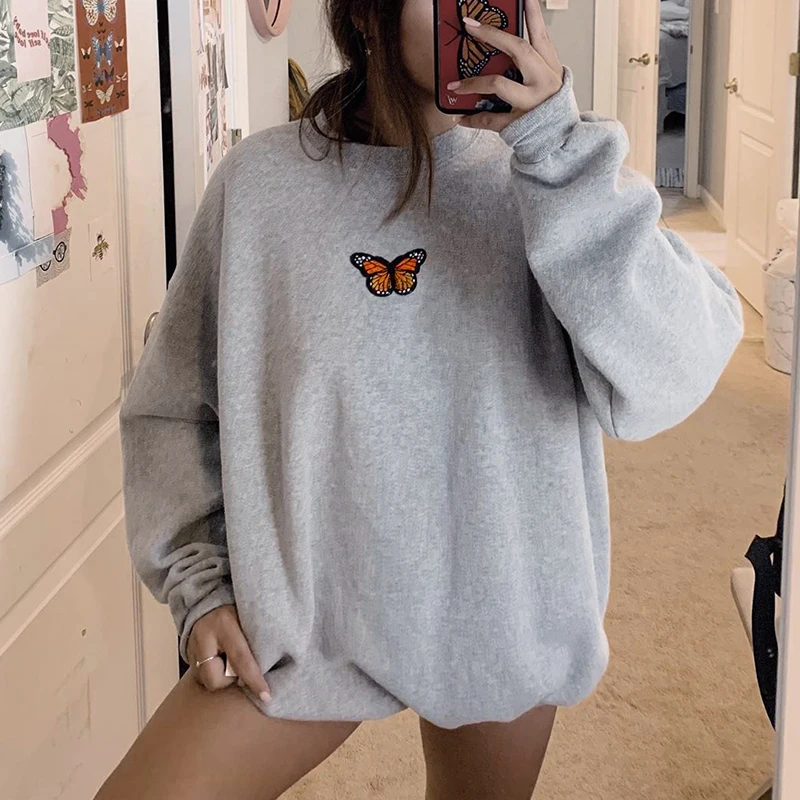 

Women's Butterfly Embroidery Sweatshirt Long Sleeve 2020 Spring Winter Oversize Hoodies Women Retro Loose Hoodies Sweatshirt Top