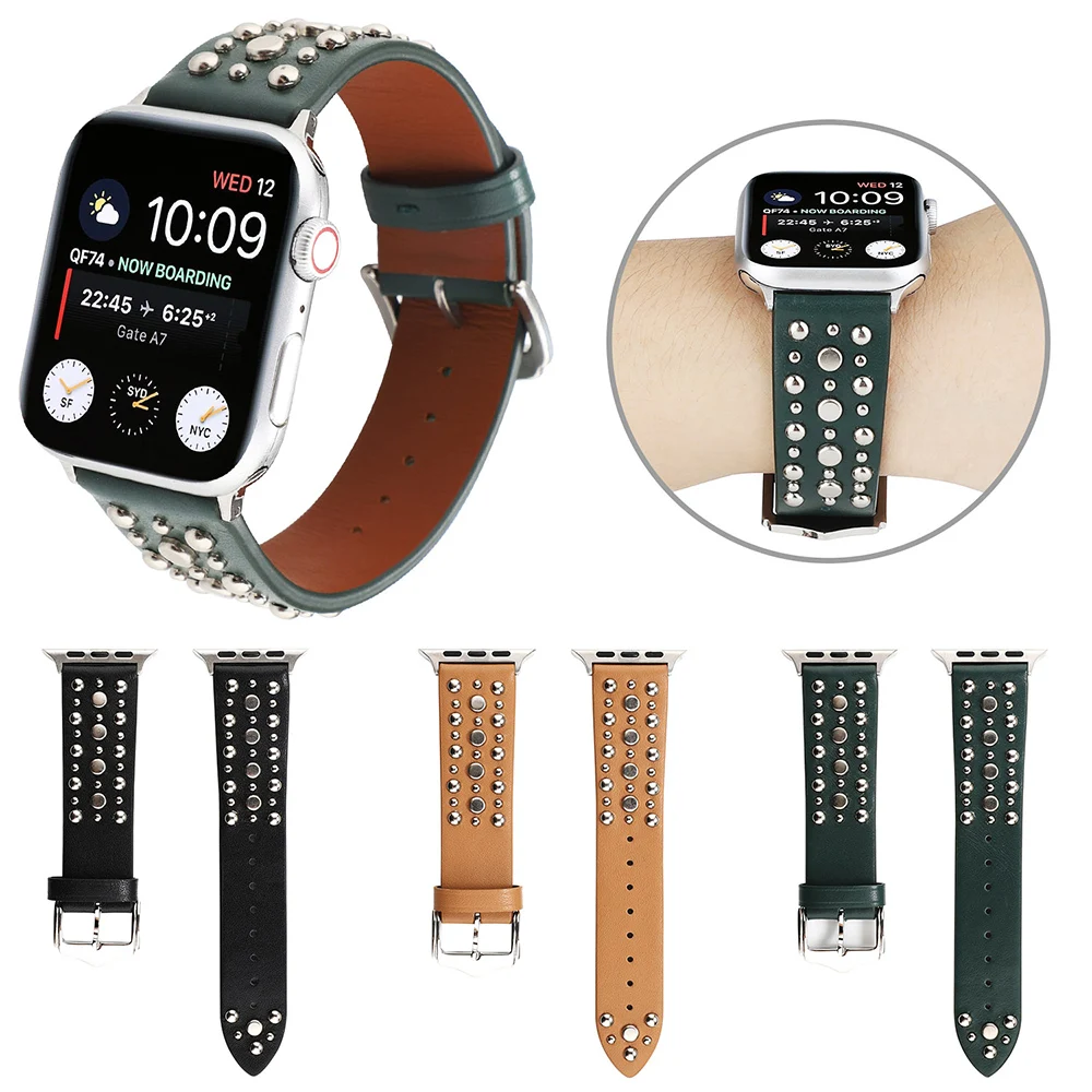 Ремешок кожаный с заклепками для Apple Watch SE Band Series 6 5 4 3 2 браслет iWatch 40 мм 44 38 42