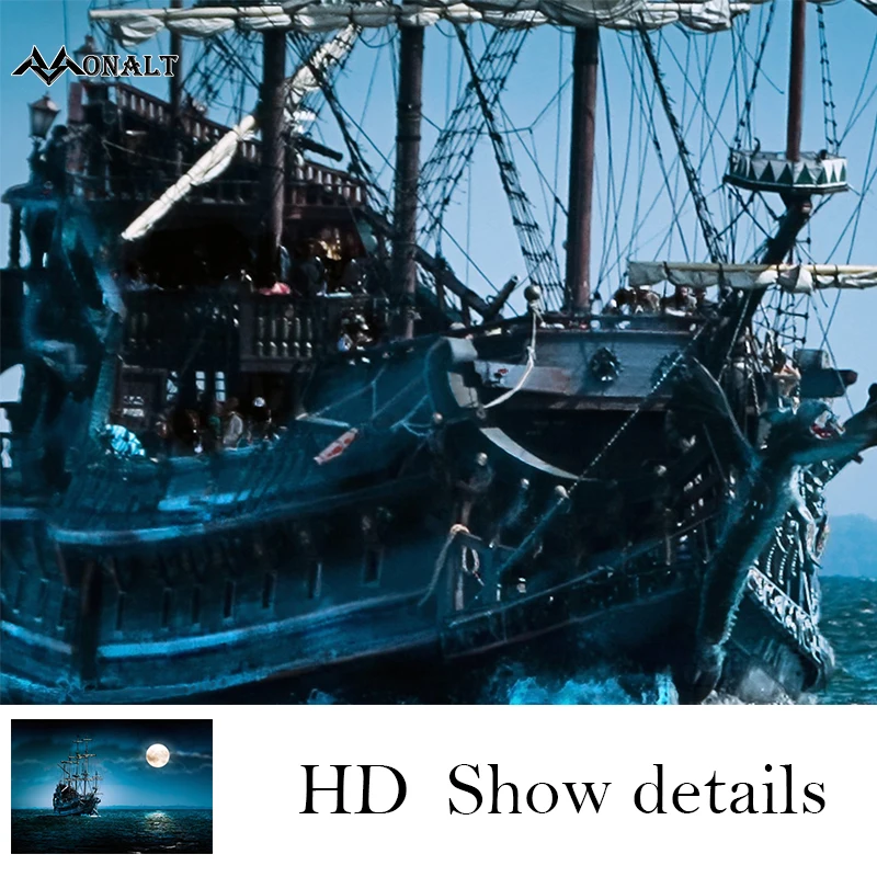 Художественное полотно Луна корабль парусный по морю современное искусство для