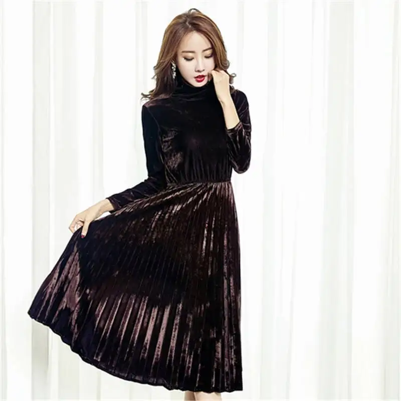 Plus Size 4XL Turtleneck Gold Velvet Dress Women Long Sleeve Autumn Winter Pleated Elegant Ladies Party Dresses C5843 | Женская одежда