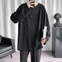 loose oversized solid color korean long sleeved t shirt mens t shirt mens casual o neck 2021 autumn t shirt top