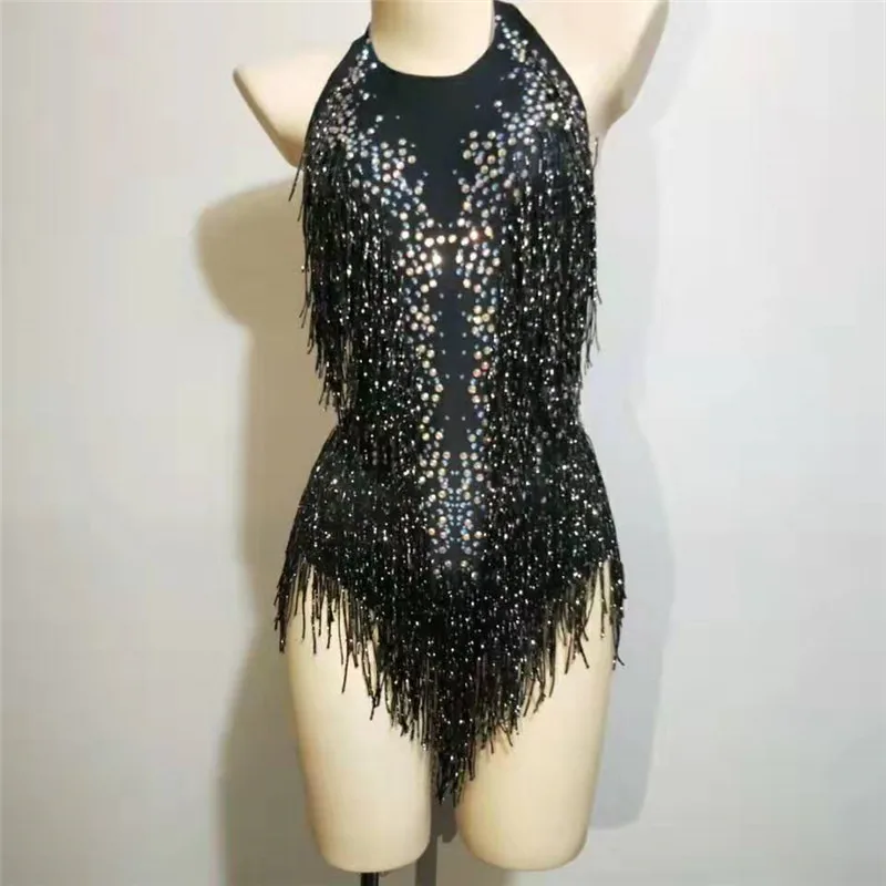 

Sexy Tassel Spandex Rhinestone Bodysuit Women's Performance Leotard Dance Clothing Singer Fringes Design Jumpsuit Dance Costume