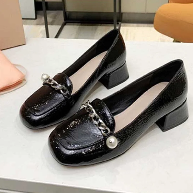 

Luxury Brand Designer Women Hoof Heels Pumps Loafers Genuine Leather Chain Pearl Decor Square Toe Elegant Fashion Ladies Shoes
