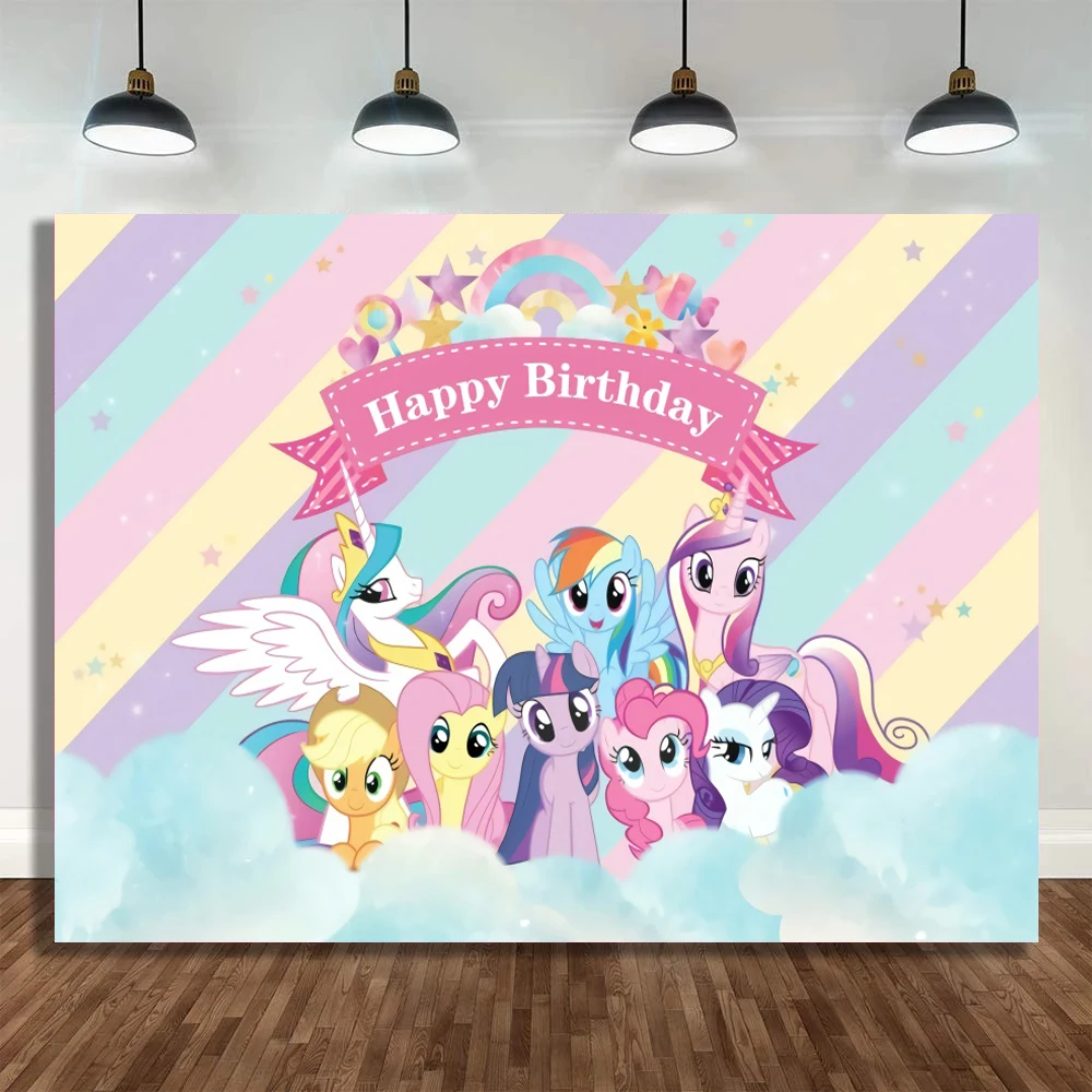 

Rainbow Colorful Striped Happy Birthday Girl Princess Backdrop My Little Pony Unicorn Clouds Newborn Baby Shower Background