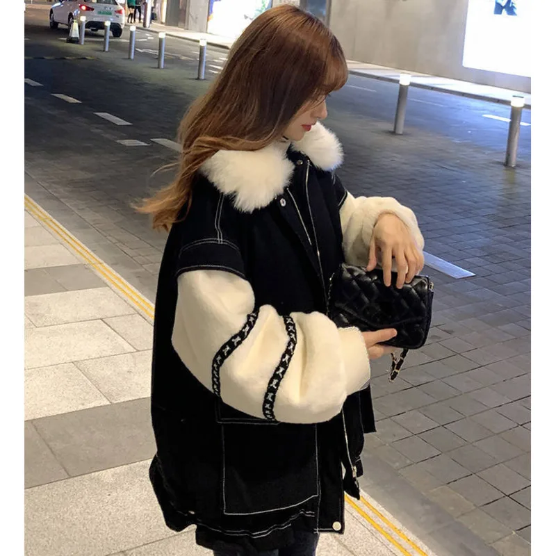 

Leiouna Denim Women Thick Spliced Sleeve Harajuku Befree Chaqueta Mujer Patchwork Hiver Streetwear Winter Warm Coat