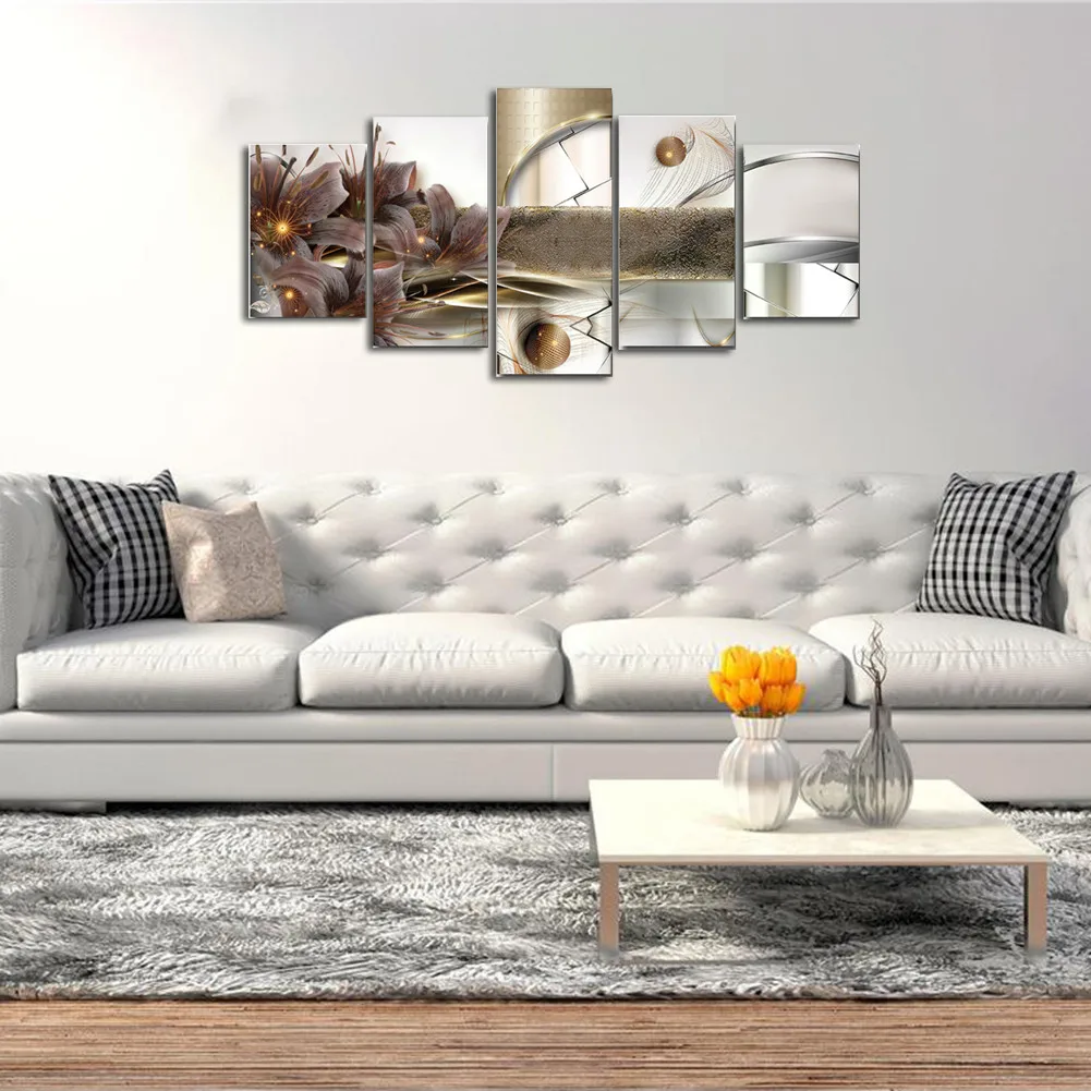 

Wealth And Luxury Golden Lilies Flowers Prints Canvas Painting 5 Panel Pink And Sliver Blossom Poster Modern Wall Art Home Decor