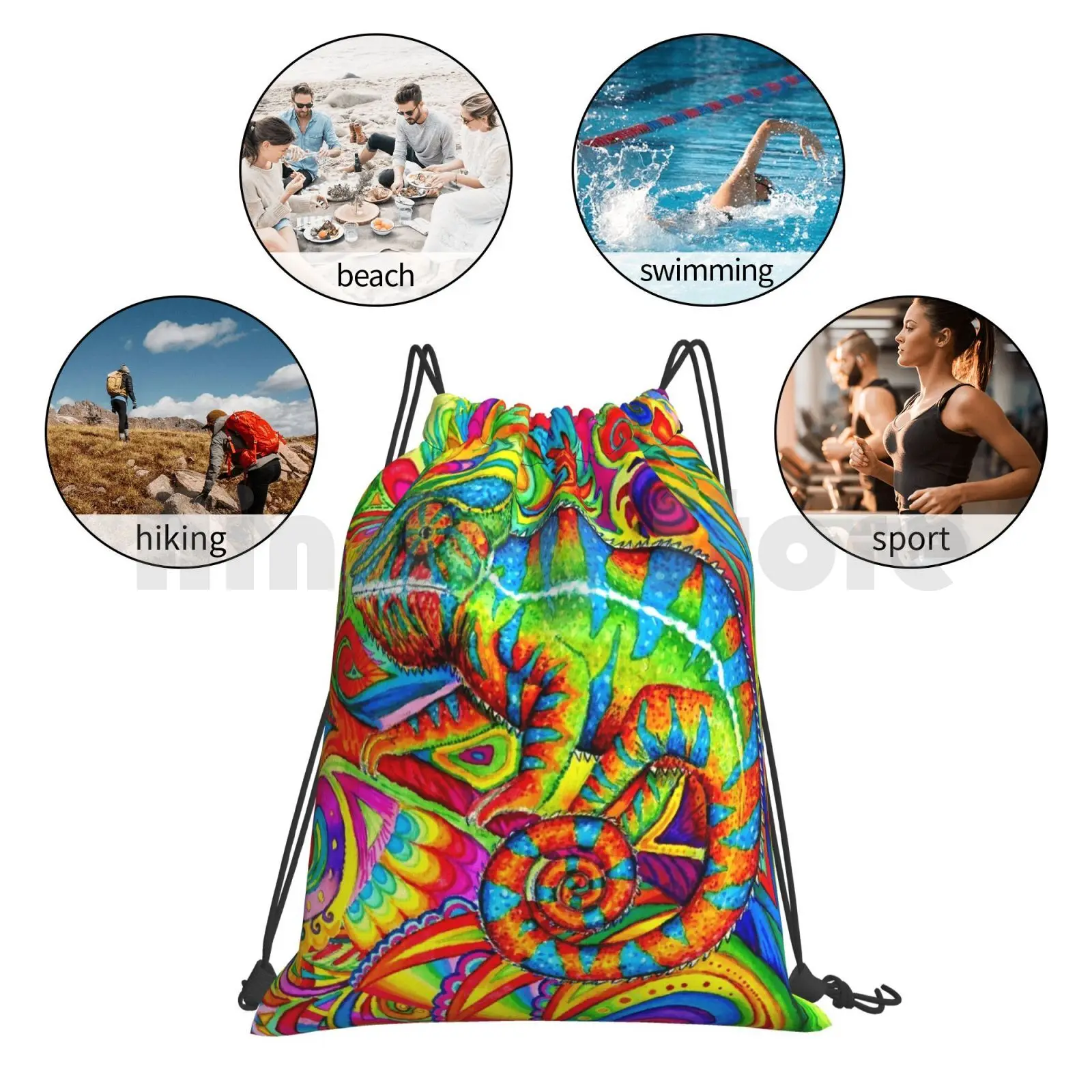 

Psychedelizard Psychedelic Chameleon Colorful Rainbow Lizard Backpack Drawstring Bags Gym Bag Waterproof Chameleon Lizard