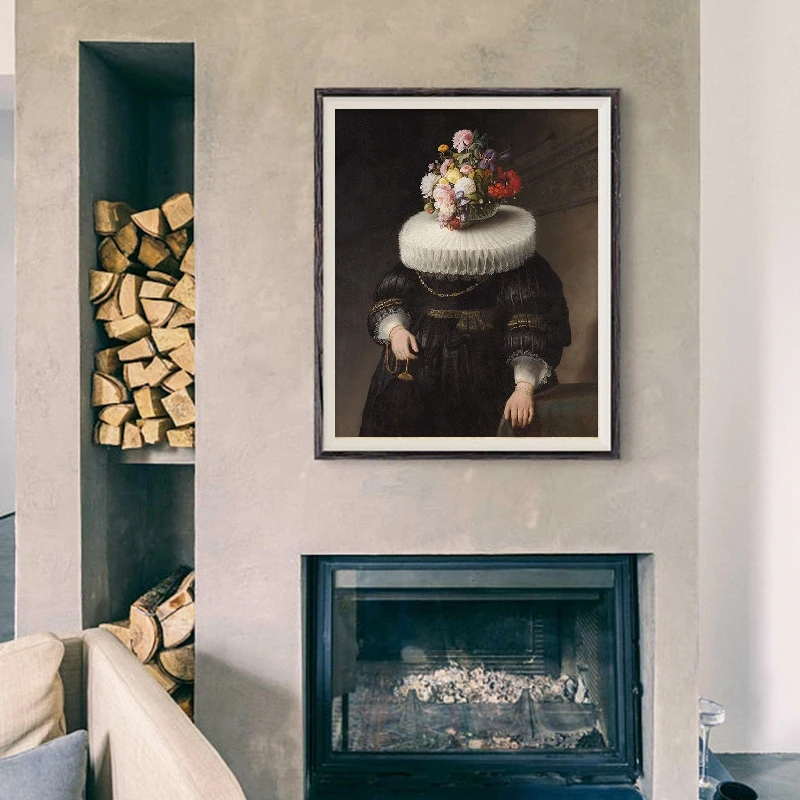 

Collage Art Antique Oil Painting Flower Mask Dutch Portrait Prints Surreal Painting Eclectic Art Canvas Painting Artwork Decor