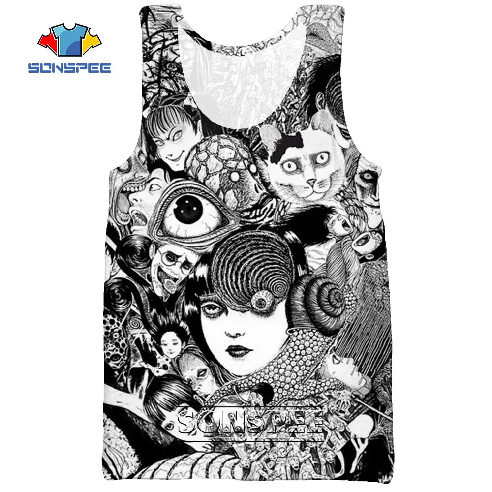 

SONSPEE 3D Print Manga Junji Ito Japanese Men's Tank Top Sea Beach Casual Fitness Horror Bodybuilding Gym Muscle Sleeveless Vest