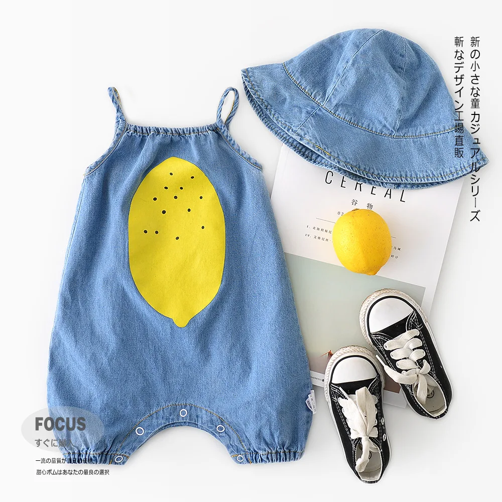 

Summer 2021 boys and girls' cute cartoon printed lemon denim backpacks and hats