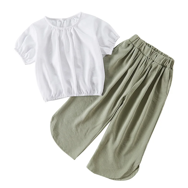 

Girl han edition leisure suit the new summer 2021 cuhk child wide-legged pants two-piece children suit with short sleeves