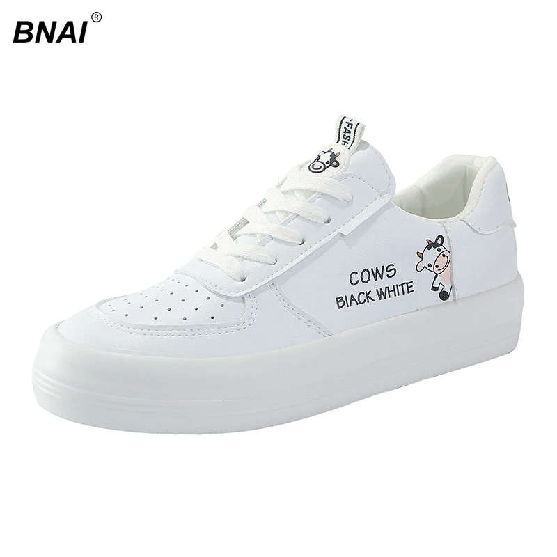 

Кроссовки BNAI женские из мягкой кожи, повседневная обувь для студентов, дышащие лоферы на толстой подошве, для скейтборда, белые, весна-осень