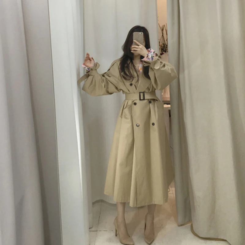Высококачественный Женский Длинный Тренч Genayooa свободное зимнее пальто с поясом