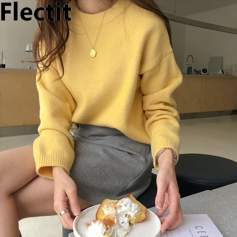 Мягкий Вязаный женский свитер Flectit в Корейском стиле с длинным рукавом и круглым