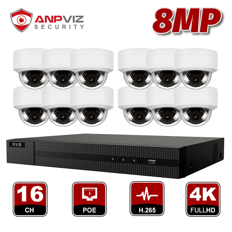 Наружная купольная IP камера 16 каналов 8 Мп комплект системы видеонаблюдения H.265 POE