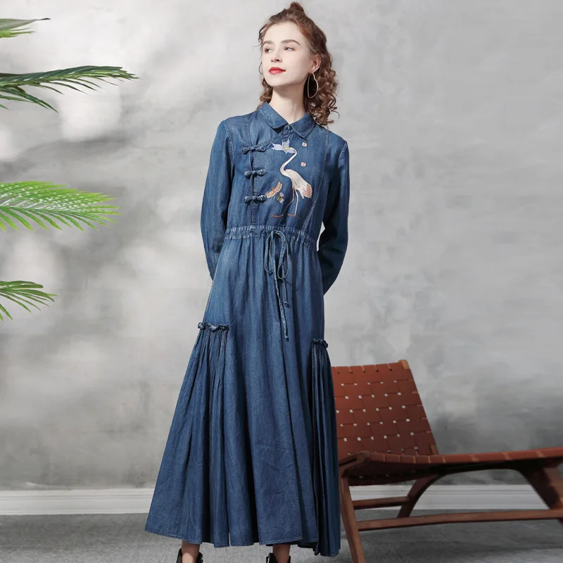 

Spring Fall Women Denim Dress Long Sleeve Bird Emboridery Buckle Cheongsam Retro Jeans Dress Women Irregular Maxi Dresses T82360