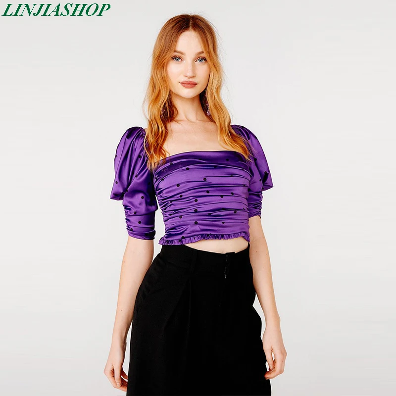 Дизайнерская стильная блузка и рубашка в винтажный атласный Горошек фиолетового