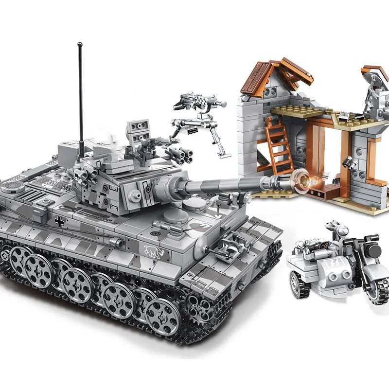 

Military Series WW2 Tiger T34 Tank Weapons Model Building Blocks Tricycle With Figures Bricks Educational Toys Kids Adult Gifts
