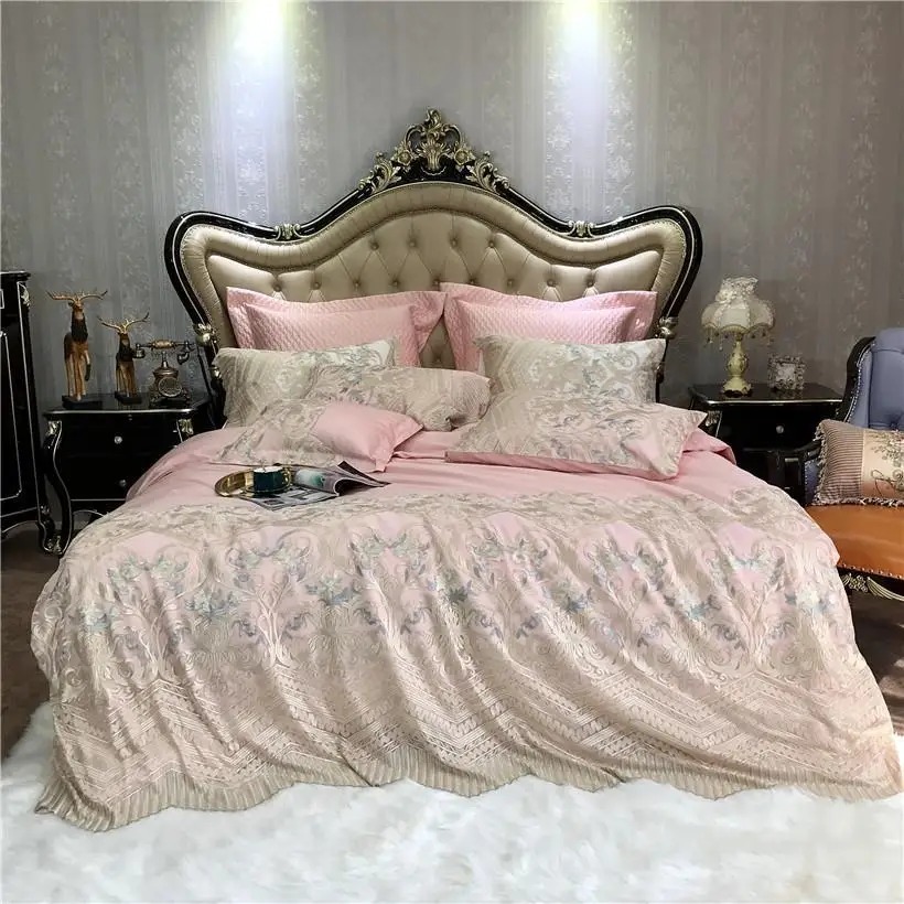 

Delicate Luxury Lace Duvet cover Pillow shams Egyptian Cotton Pink Cream Wedding Bedding set 4/7-Pcs King Queen size Bed sheet