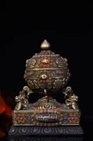 tibet temple collection old tibetan silver gilt filigree mosaic gem prayer wheel lion statue buddhist rituals pagoda town house