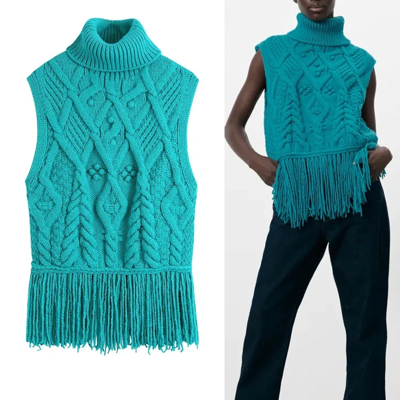 

Женский винтажный теплый жилет, свитер, жилет с оборками, вязаные жилеты, Женский пуловер без рукавов с высоким воротником, 2021