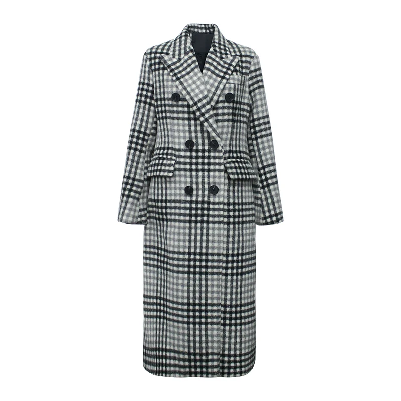 Женское длинное шерстяное пальто черно белое Свободное в клетку верхняя одежда