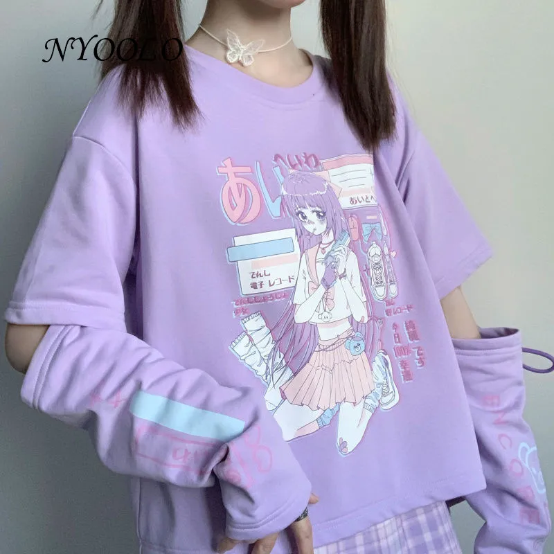 

NYOOLO Japan Style Sweet Girl Letters Print Detachable Long Sleeve T-Shirt Women Harajuku Streetwear Pullovers Kawaii Tops Tee