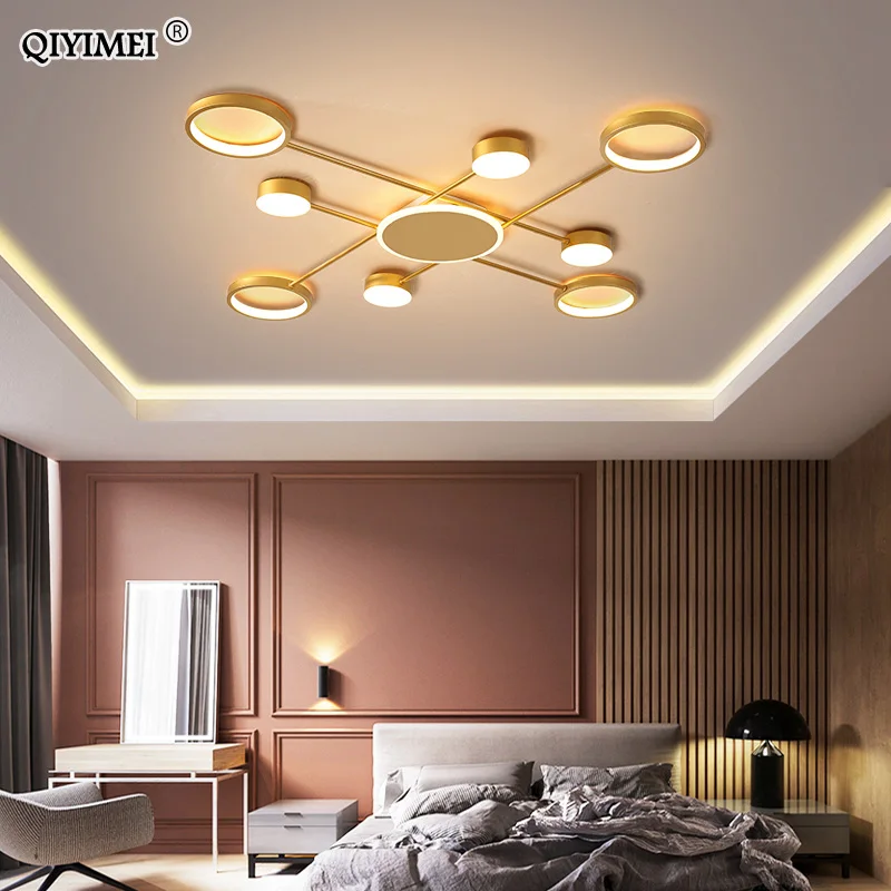 Lámpara de araña LED dorada y negra para sala de estar, luces de cama, Control remoto, techo inferior, Luminaria para interior