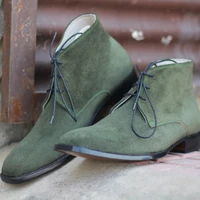 fashion men green lace up pointed low heel suede high ankle classic casual comfortable retro business formal boots kg632